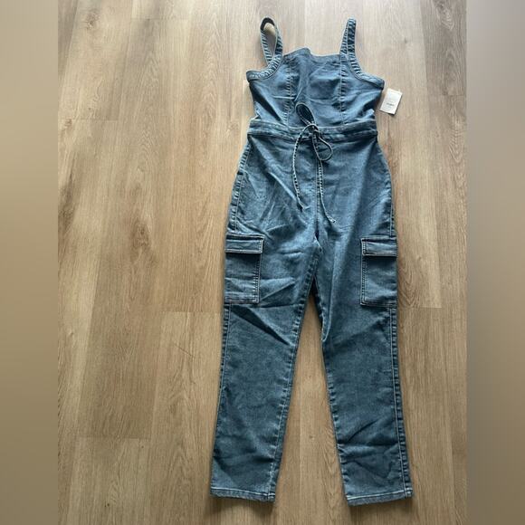 francescas kirsten blue denim tie front straight leg square neck jumpsuit small - Picture 3 of 8